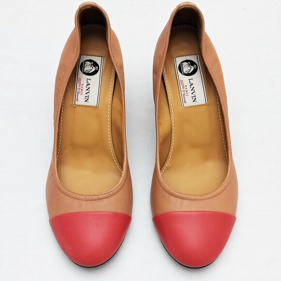 LANVIN Paris Leather Cap Toe Ballerina Pump Heel Round Colorblock Toe Italy 37.5 - Picture 3 of 12